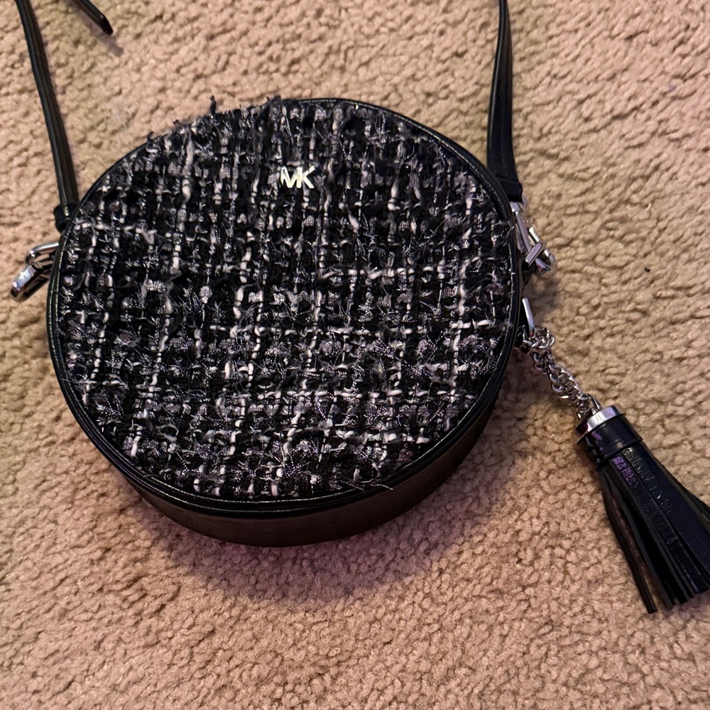 Michael Kors Round Black and White Tweed Crossbody Bag